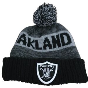 Oakland Raiders NFL Beanie Knit Hat Pom Pom Black Grey Oakland Shield Logo